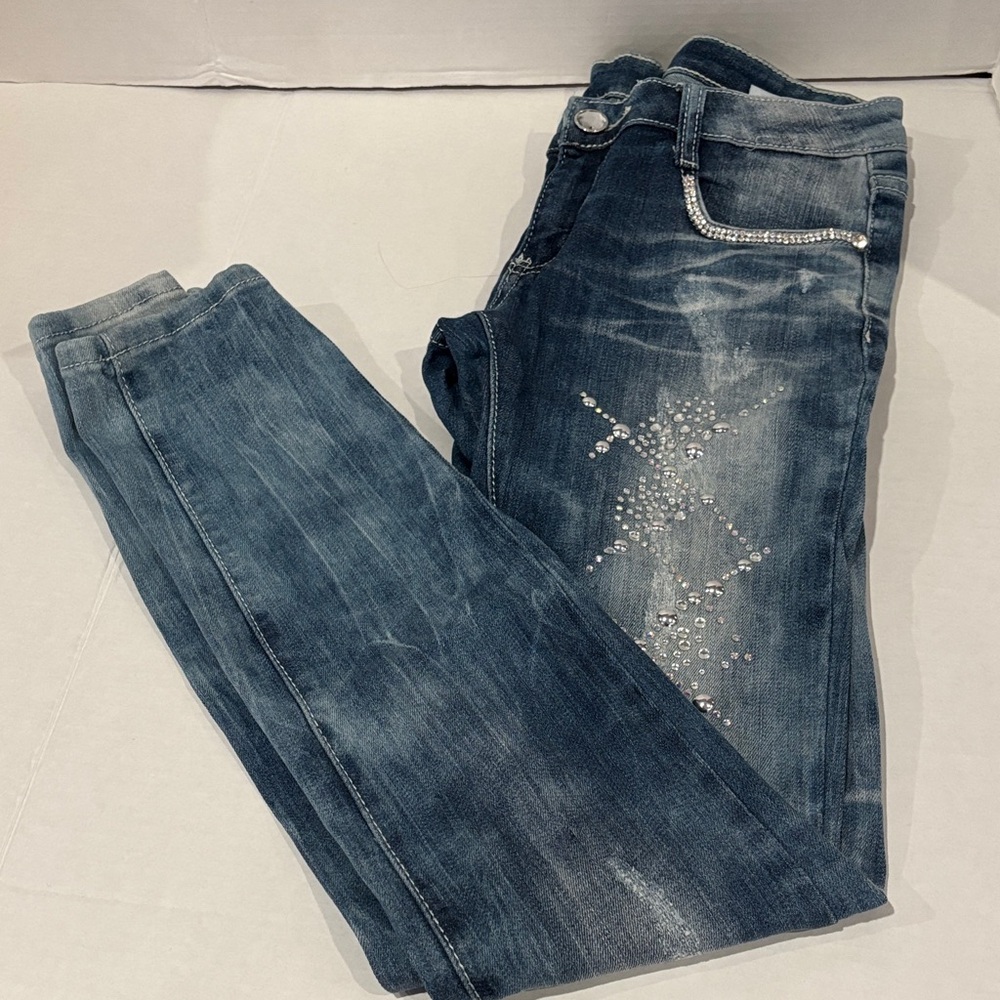 Machine Women's low rise Blue Jeans with Rhinestone Detail